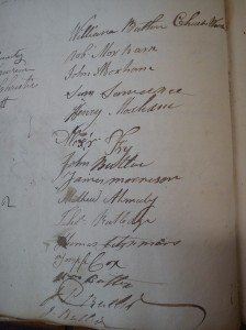 Vestry Minutes from 1820, signed by Robert, John and Henry Moxham; James Moxham's signature is recorded in 1797.